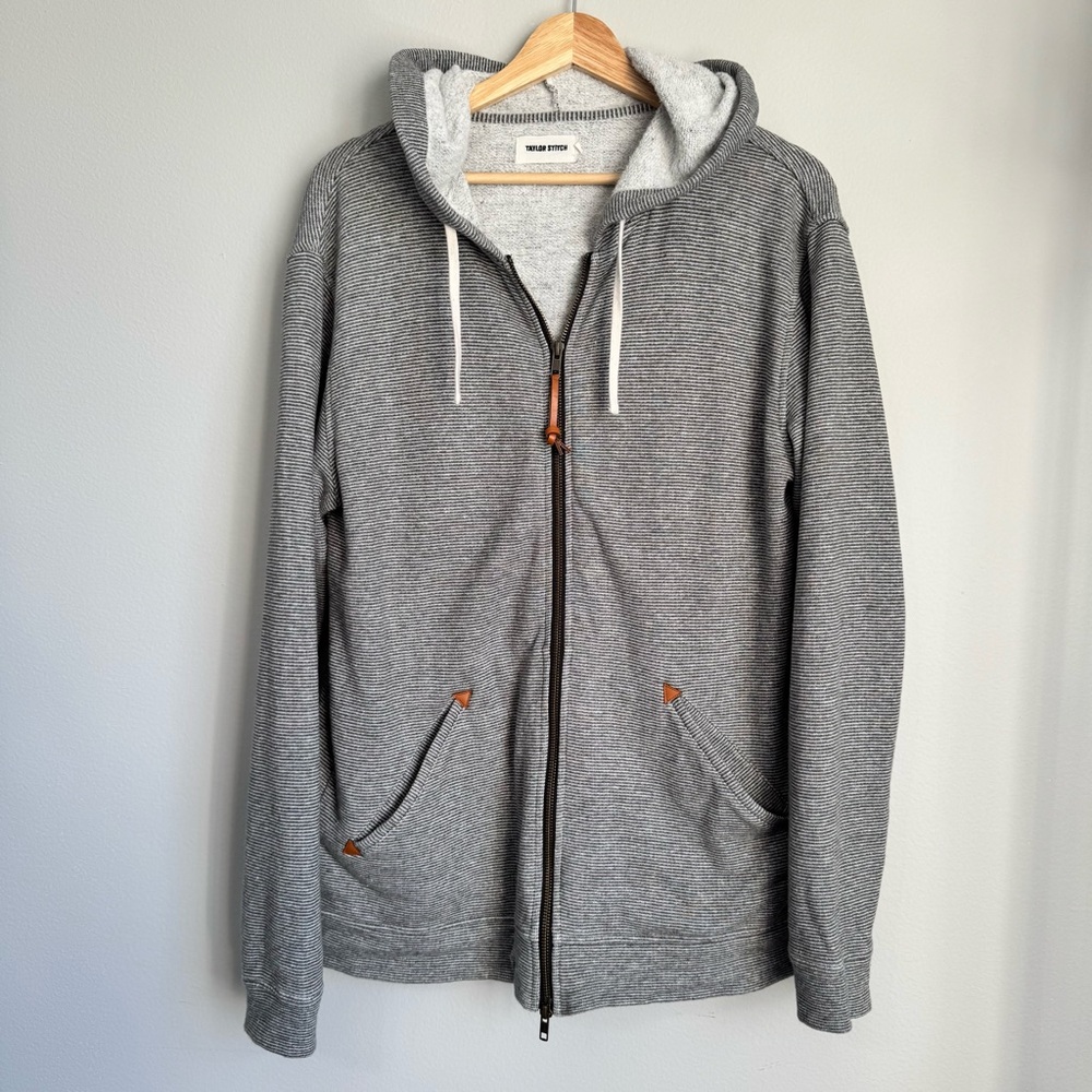 Taylor Stitch Apres Hoodie Gray Striped Full Zip Hooded Sweatshirt Olive Hemp